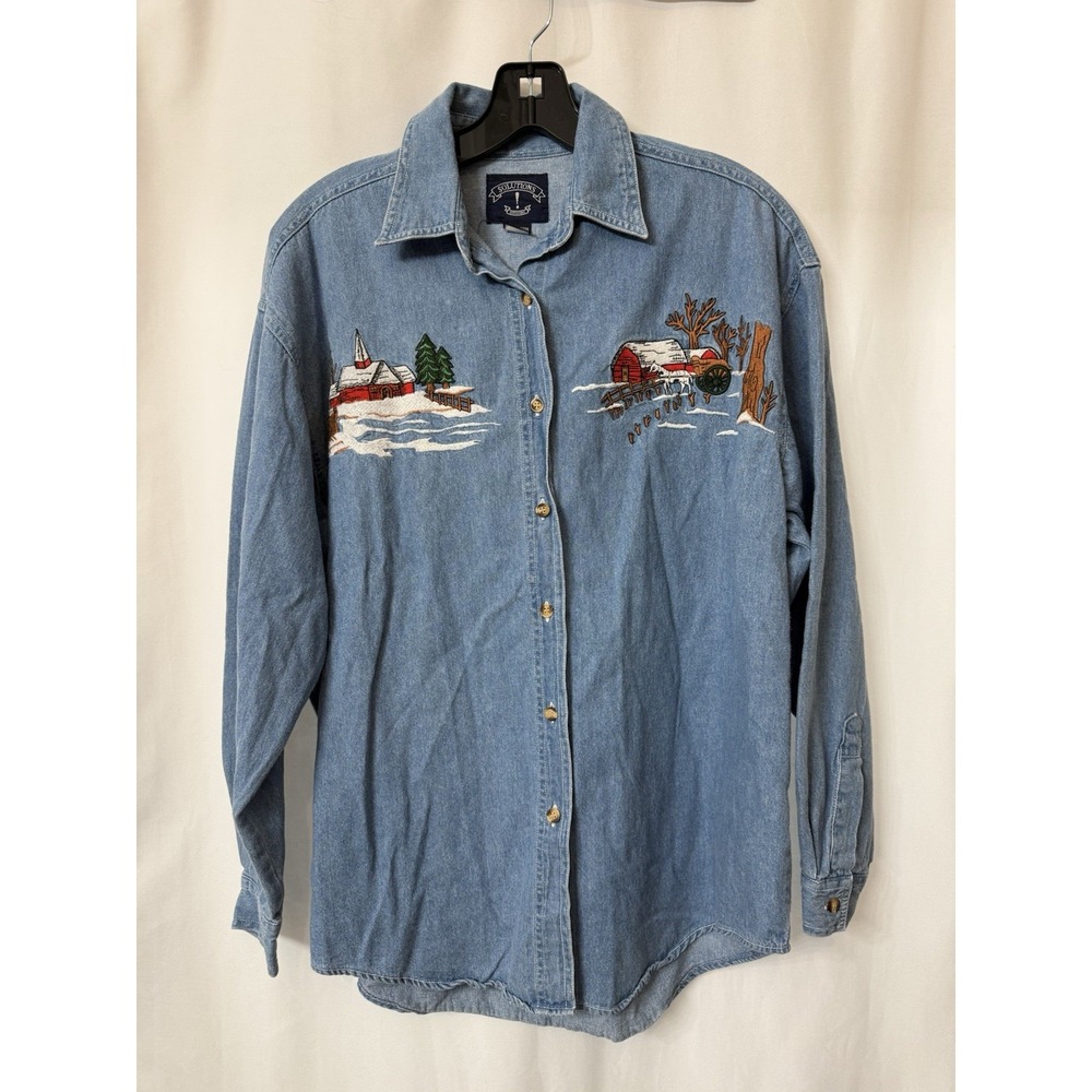 Vintage Solutions Original Long Sleeve Embroidered Denim Button Up Winter Medium